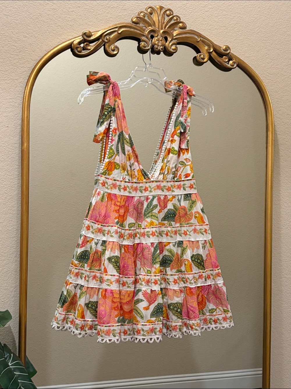 FARM Rio Macaw Bloom Tie-Strap Tiered Floral Print Mini Dress Size M - Picture 3 of 12